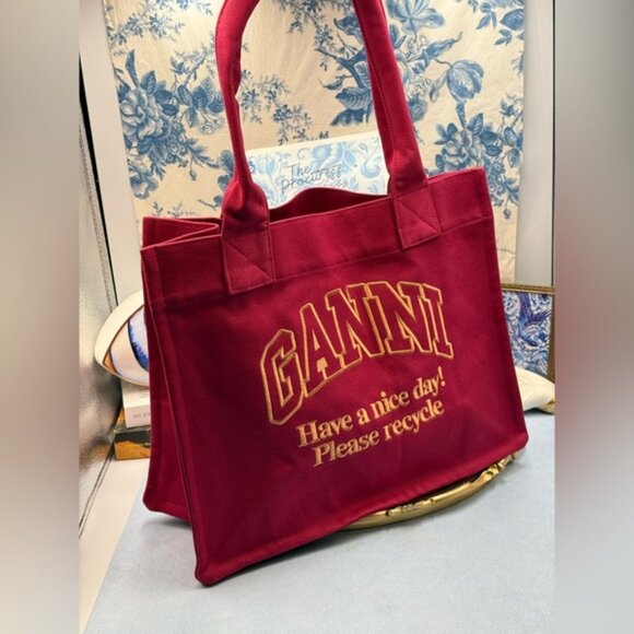 🆕 GANNI 🧿 NWOT Large Easy Shopper, Burgundy Cotton & Yellow Embroidery - Picture 2 of 12